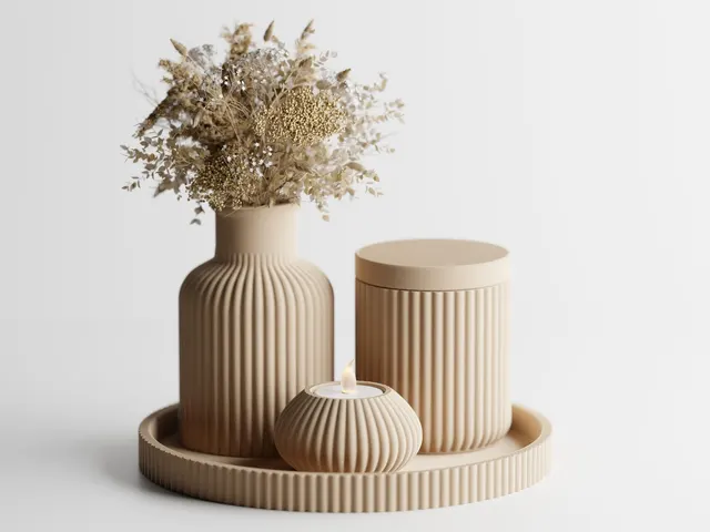 Serie aus Vase, Dose und Teelicht mit gleichen Rippen in Sand